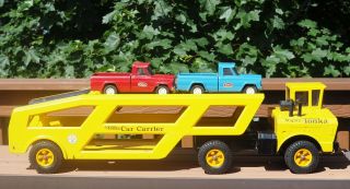 Vintage Mighty Tonka Car Carrier Truck,  2 Mini Jeeps,  Pressed Steel