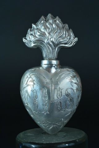 19thc Rare French Sterling Reliquary Bottle Flaming Sacred Heart Jesus Ex Voto