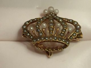 Antique 14k Gold Crown Pin Set With Pearls.  A Royal Treasure