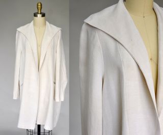 Vintage Vtg 20s 30s Ivory White Linen Coat Jacket Oversized Collar Pockets S/m/l