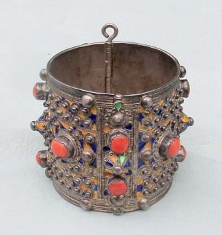 Vintage Moroccan Algerian Kabyle Berber Silver Enamel & Coral Cuff Bracelet