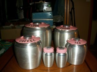 Vintage Kromex 4 Piece Canister Set With Salt & Pepper Shakers Pink Tops Rare
