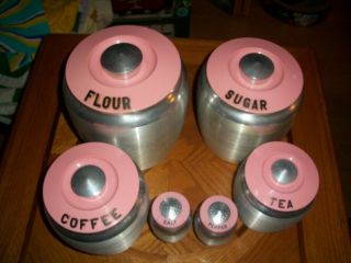 VINTAGE KROMEX 4 PIECE CANISTER SET WITH SALT & PEPPER SHAKERS PINK TOPS RARE 2