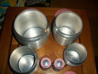 VINTAGE KROMEX 4 PIECE CANISTER SET WITH SALT & PEPPER SHAKERS PINK TOPS RARE 3