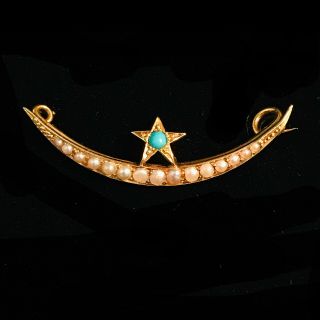 Edwardian 18ct,  18k,  750 Gold Turquoise & Pearl Crescent Moon And Star Brooch