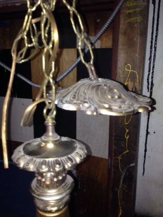 Vintage Swag Ornate Brass Hanging Ceiling Lamp Fixture Union Made in USA 7
