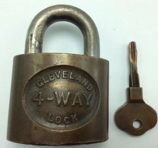 Vintage Antique Cleveland 4 Way Brass Lock With Orig.  Key