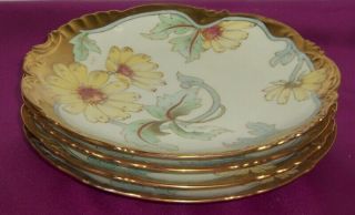 Vintage Limoges France 4 Plates Hand Painted Flowers Gold Encrusted Border