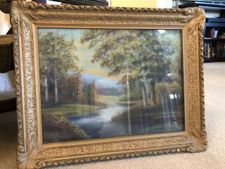 Early 19th Century Landscape Painting Oil On Linen Ornate Gold Frame Antique