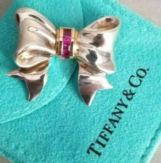 Tiffany & Co Ruby Bow Pin 14k Yellow Gold Sterling Silver Vintage Brooch