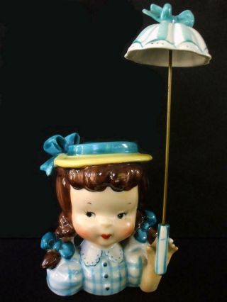 Vintage Napco Napcoware Girl W/pigtails Bows & Umbrella Lady Head Vase