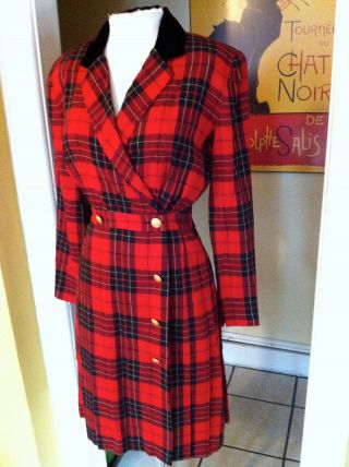 Wow Stunning Vintage Mary Of Scots Red Tartan/plaid Pleated Dress 1980s 4/small