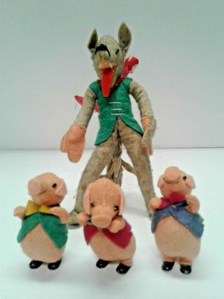 Baps Dolls Big Bad Wolf & The 3 Little Pigs Vintage Felt Germany Bartel Von Arps