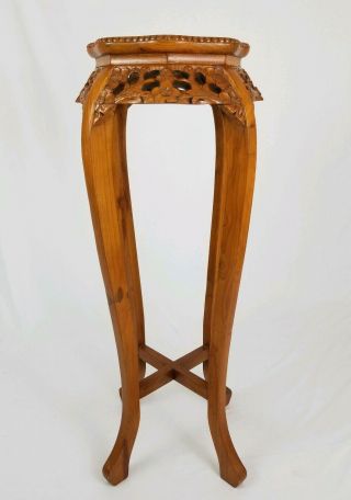 Chinese Asian Hand Carved Hardwood Marble Top Pedestal Table Plant Stand Vintage