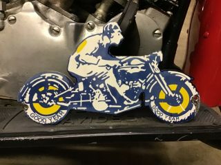 Vintage Porcelain Goodyear Motorcycle Tires Door Push Harley Indian Triumph