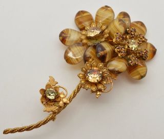 Vintage Amourelle Gold Tone Amber Glass Flower Brooch Pin Wired Haskell Style