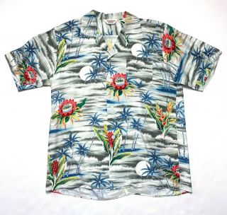 Vtg 1950s Rayon Hawaiian Aloha Shirt L Loop Rockabilly Vlv Tiki Camp Atomic