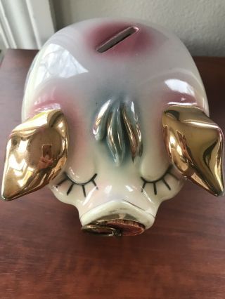 Hard To Find Vintage 1957 Hull Pottery Corky Pig Piggy Bank With Gold Trim