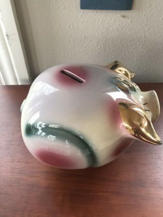HARD TO FIND VINTAGE 1957 HULL POTTERY CORKY PIG PIGGY BANK WITH GOLD TRIM 3