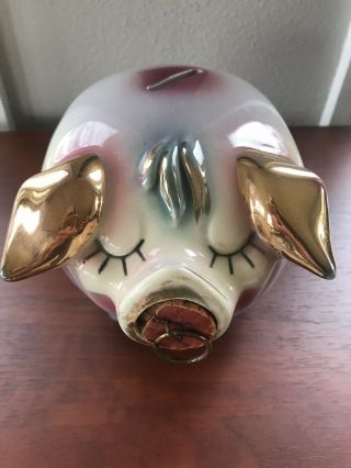 HARD TO FIND VINTAGE 1957 HULL POTTERY CORKY PIG PIGGY BANK WITH GOLD TRIM 7