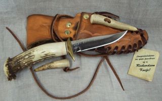 Vtg Ken Richardson Deer Antler Horn 3.  5 " Blade Knife W/ Leather Sheath Scabbard