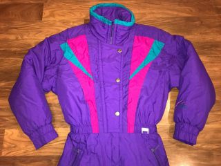 Vtg 80s Purple Snowmass Womens Medium One Piece Ski Suit Snow Bib Neon Snowsuit