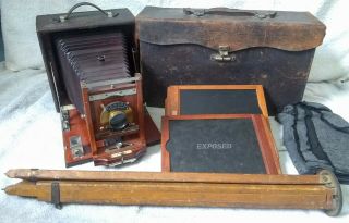 Antique Conley Folding Camera Wollensak Optical Co Ny W/ Case / Tripod / Plates