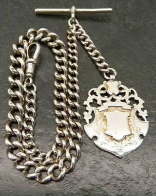Old Vintage Sterling Silver Graduated Albert Pocket Watch Chain & Fob.  48.  9g.