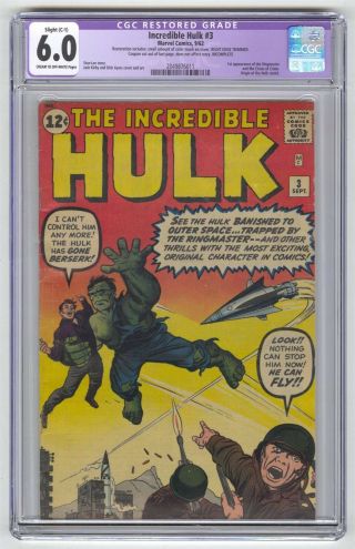Incredible Hulk 3 Cgc 6.  0 Vintage Marvel Comic Key Origin Retold 1st Ringmaster