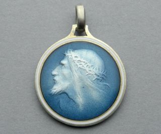 Antique Religious Enamel Pendant.  Jesus Christ,  Crown Of Thorns.  Sterling Medal.