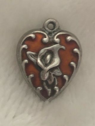 Rare Vintage Sterling Puffy Heart Charm With Orange Enamel Cali Lilly