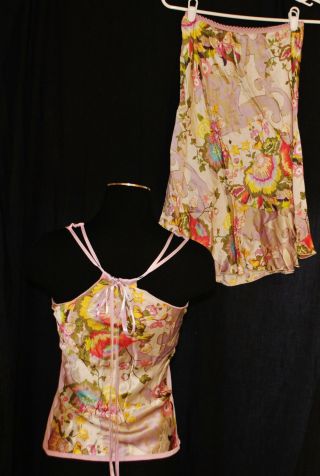 Vtg Tom K.  Nguyen 2pc Boho Hippie Chic Floral Skirt W/ Tank Top Blouse Shirt S/m