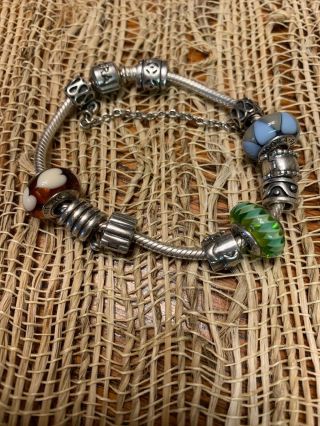 Vintage Pandora Charm Bracelet W/ 7 Pandora Charms & 2 Clips Plus Safety Chain