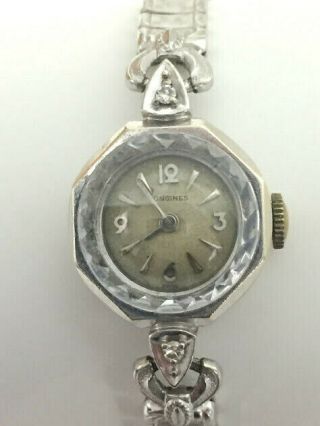 Vintage 14k White Gold With 2 Diamonds Ladies Longines Watch Expansible Bracelet