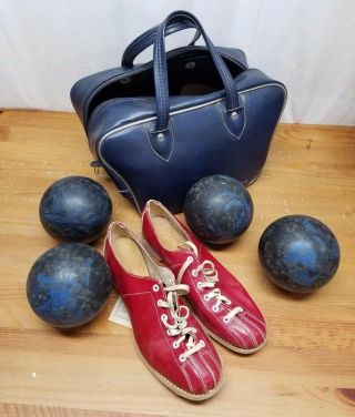 Vintage Ladies Candlepin Bowling Ball Set 4 Blue Gladding Balls Bag Shoes