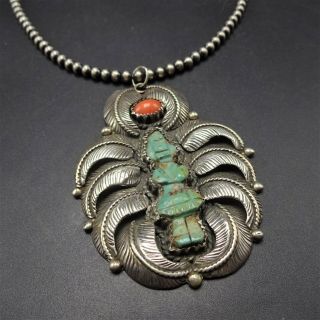 Vintage Sterling Silver Coral Carved Turquoise Kachina Pendant 20 " Navajo Pearls