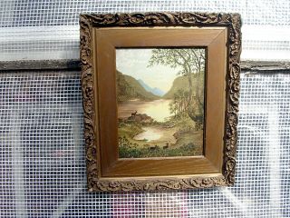 Rare Antique Folk Art Painting Hudson River School Deer Mtns Lake River Detail