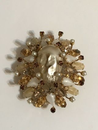 Vintage Huge Gorgeous Deco Rhinestone Schreiner York Flower Pearl Brooch Pin