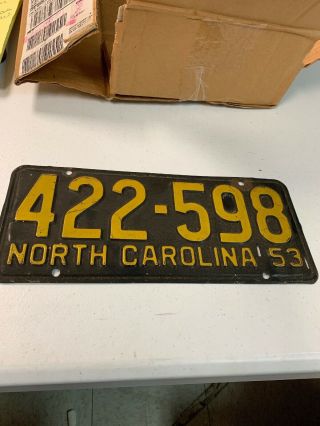 1953 North Carolina Nc License Plate Tag,  Vintage,  Rare