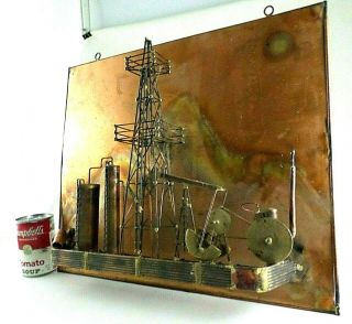 Vintage Brutalist Oil Derricks Copper Metal Wall Sculpture - Ken Tatyrek 18 " X15 "