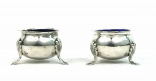 Antique Sterling Silver Salt Cellars 3 Footed Cauldron Pair Blue Glass Liners