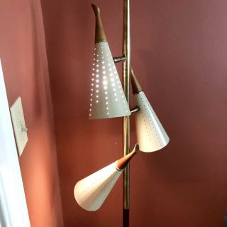 Mid Century Modern 3 - Shade Floor Lamp VTG 1950 ' S POLE Perforated Cones 2