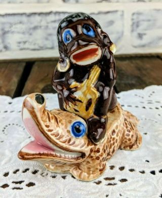 Vintage Black Americana Boy Riding Crocodile Or Alligator Salt And Pepper Shaker