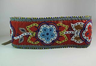 Antique Vintage Native American Indian Belt W/ Beadwork On Red Felt & Leather