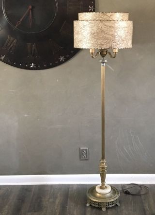 Vintage Mid Century Floor Lamp 3 - Way Torchere Milk Glass Fiberglass 2 Tier Shade