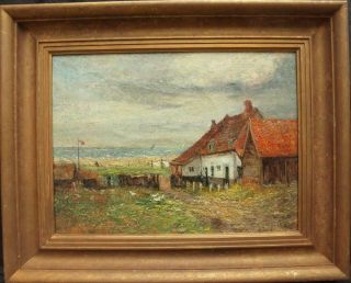 19th Century French Impressionist Beach View Antique Oil Painting