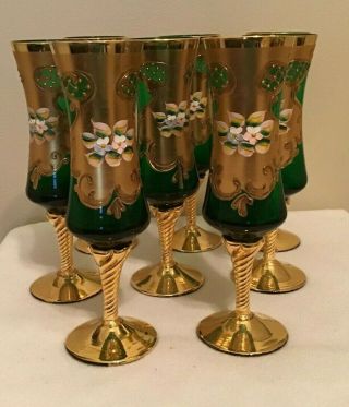 8 Vintage Emerald Green Murano Italian Venetian Gold Champagne Flutes Barbini