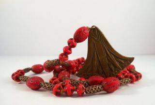 Vtg Art Deco Czech Neiger Red Molded Glass Brass Filigree Lotus Pendant Necklace