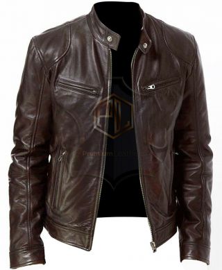 MENS VINTAGE CAFE RACER BLACK BROWN LEATHER RETRO BIKER JACKET XL 7