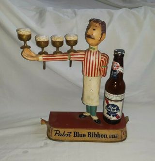 Vintage Pabst Blue Ribbon Beer - Bartender Waiter Metal Bar Display Sign.